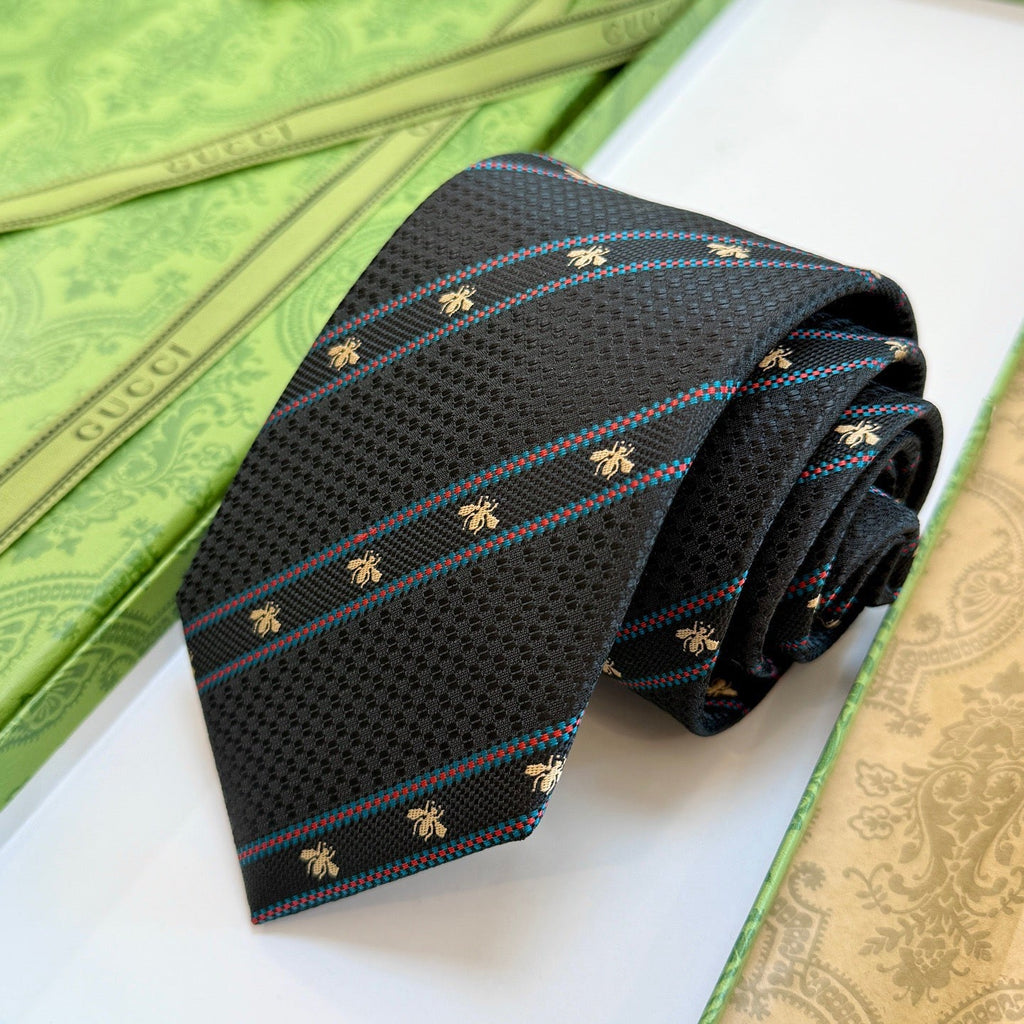Gucci Style Men's Bee Stripe Jacquard Silk Tie
