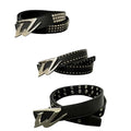 Y2K Punk Studded Leather Belt Futuristic Logo Metal Buckle Waist Belt
