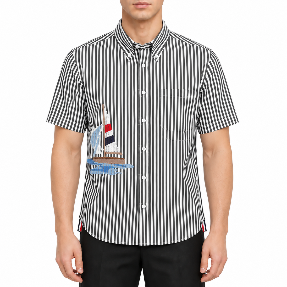 Striped Sailboat Embroidered Shirt — Unisex Short-Sleeve | Thom Browne