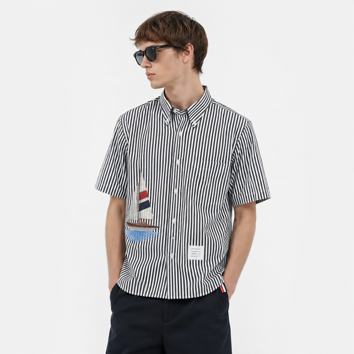 Striped Sailboat Embroidered Shirt — Unisex Short-Sleeve | Thom Browne