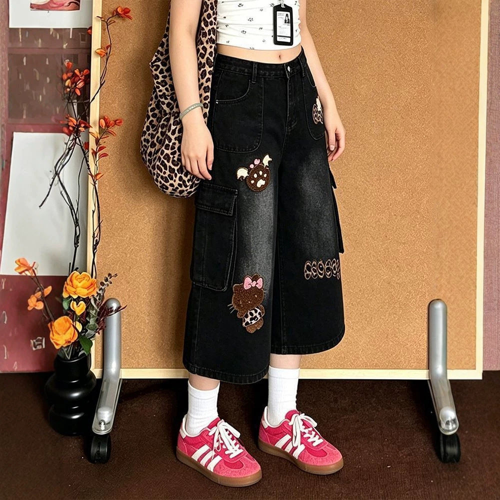 Sweet Cartoon Patch Cargo Cropped Wide Leg Black Denim Capri Pants