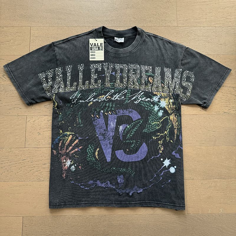 VALE USA Rhinestone Graphic Washed Black T-Shirt