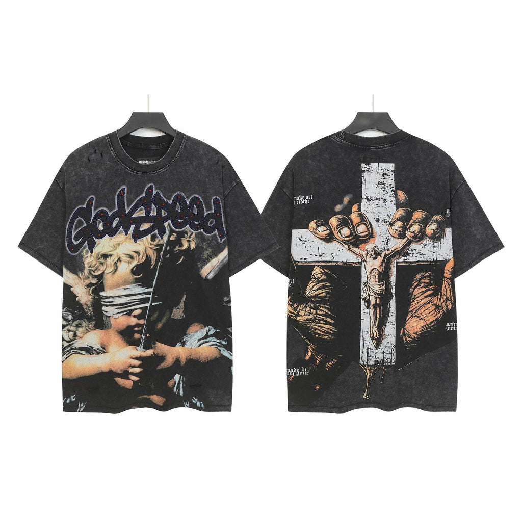Godspeed Distressed Rhinestone Graphic T-Shirt