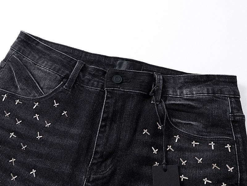 RTA Black Cross-Stud Washed Denim Jeans