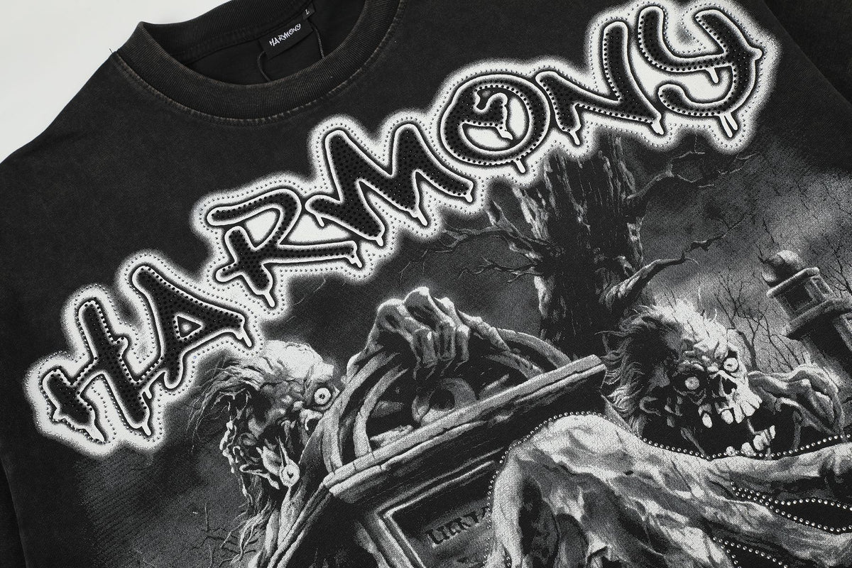 HARMONY Washed Black Rhinestone Graphic T-Shirt