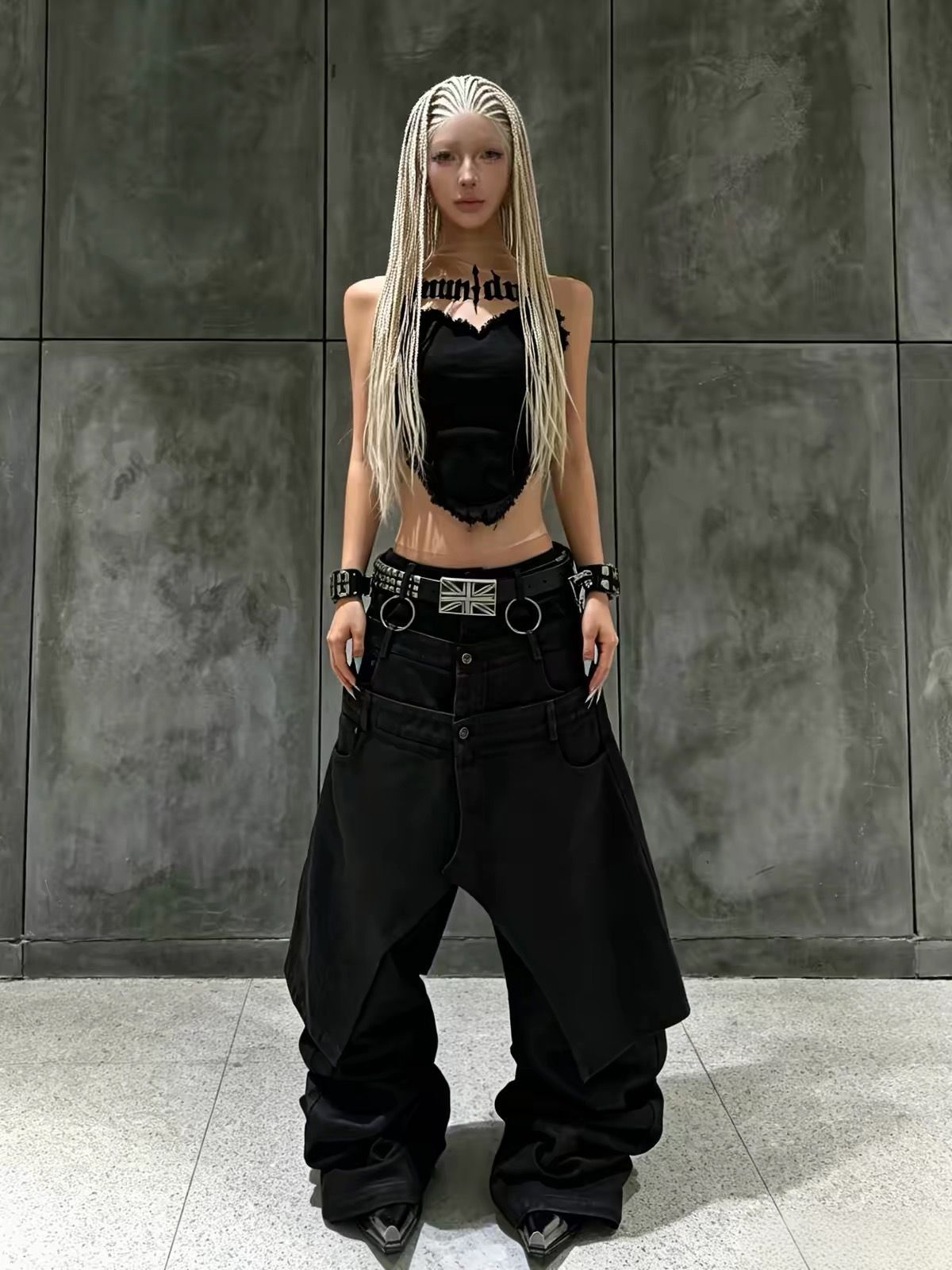 REBEL WAVE 26ss Union Flag Metal Pyramid Studded Cowhide Belt Punk