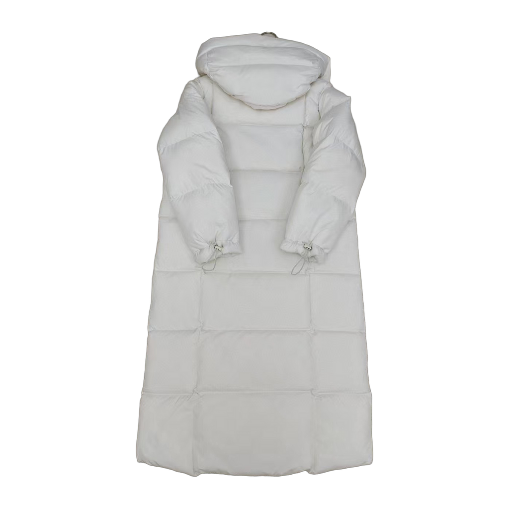 New Balance Hooded Long Puffer Coat – Off White | Full-Length Athletic Winter Coat
