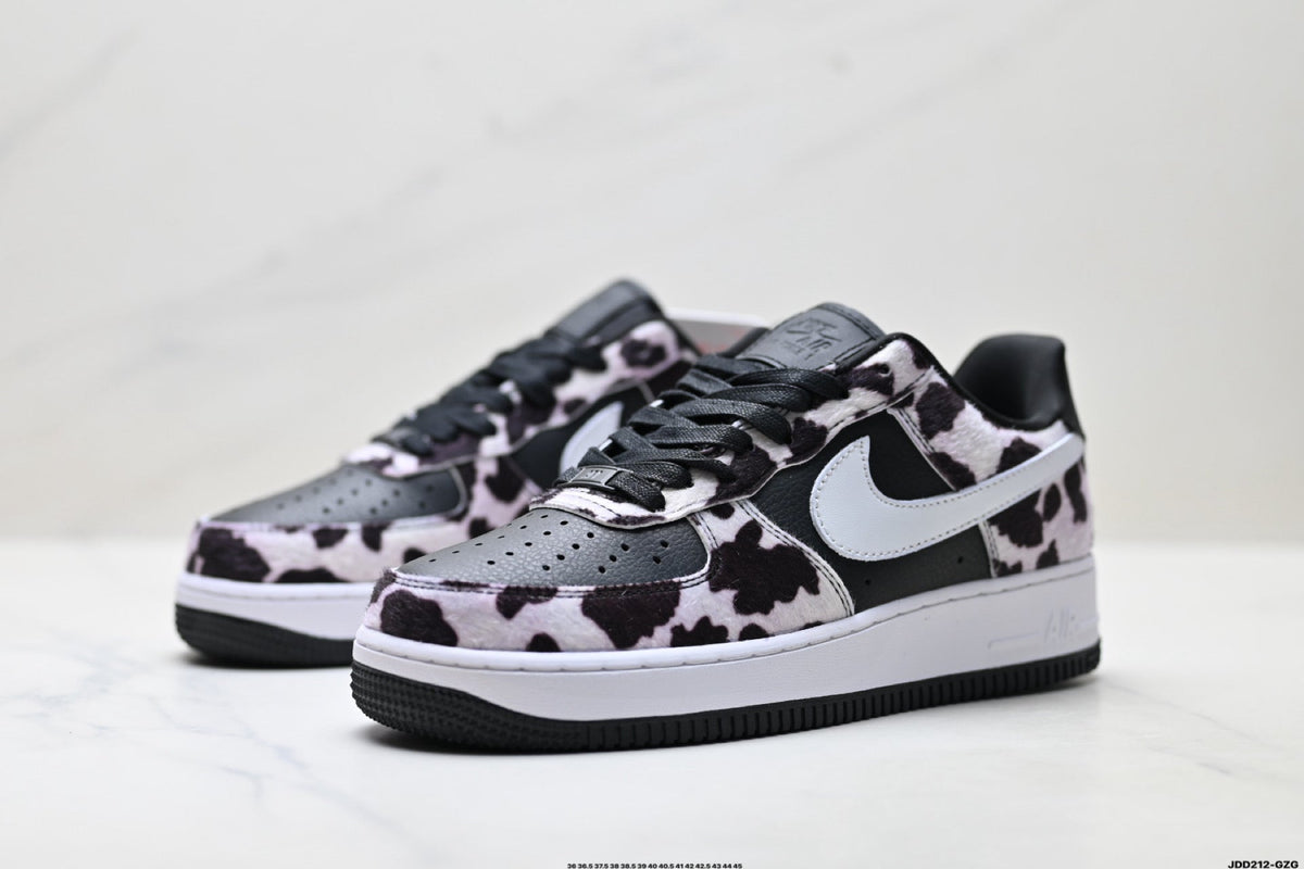 Nike Air Force 1 Low Black White Cow Print Unisex Sneakers Style 05