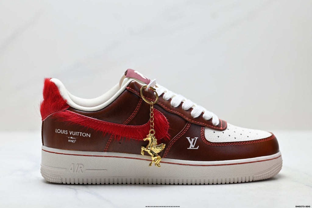 Nike Air Force 1 Low Brown Red Monogram Print Unisex Sneakers Style 06