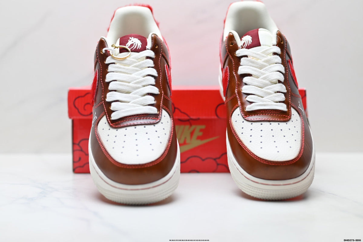 Nike Air Force 1 Low Brown Red Monogram Print Unisex Sneakers Style 06