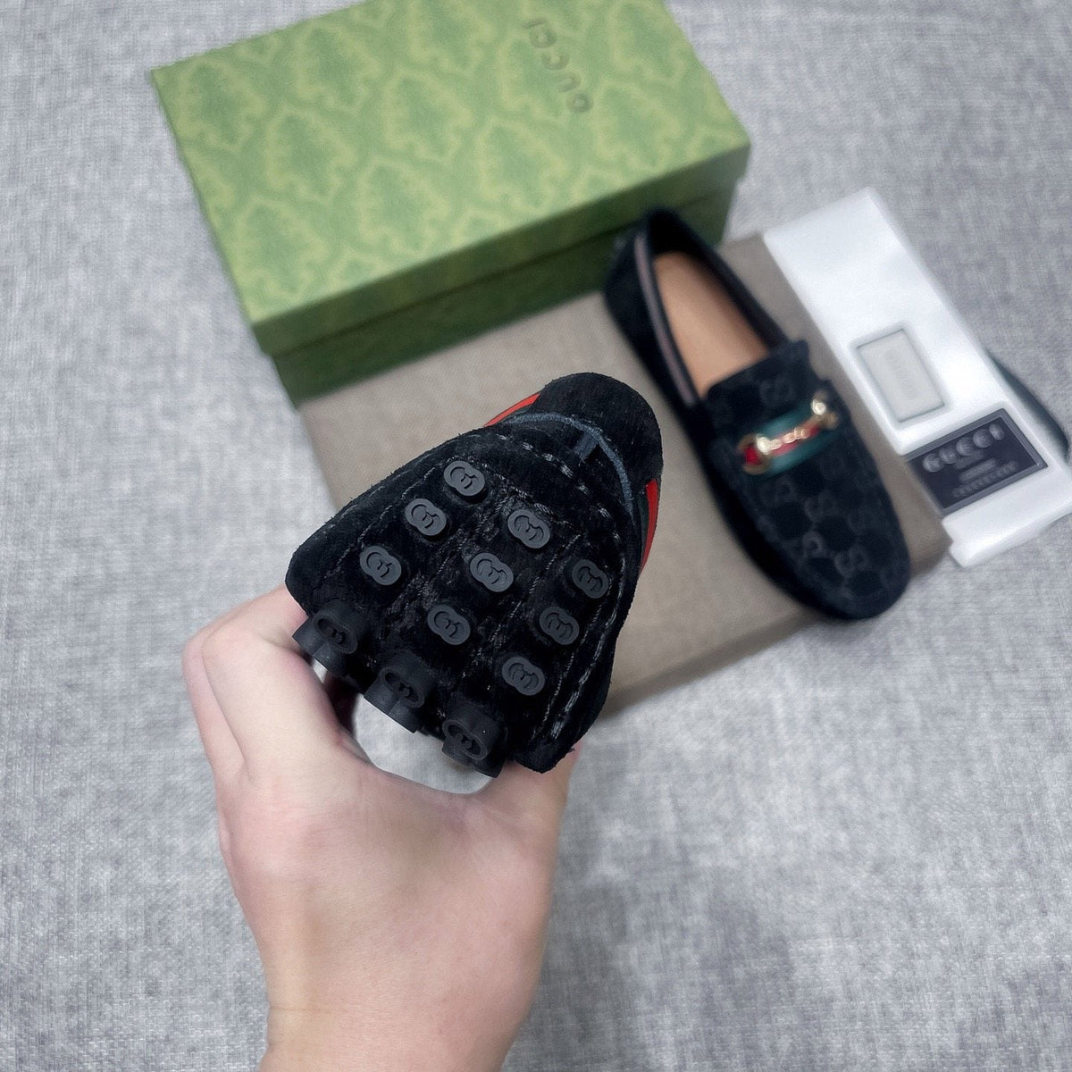 Gucci Black Patterned Loafers with Green and Red Accents