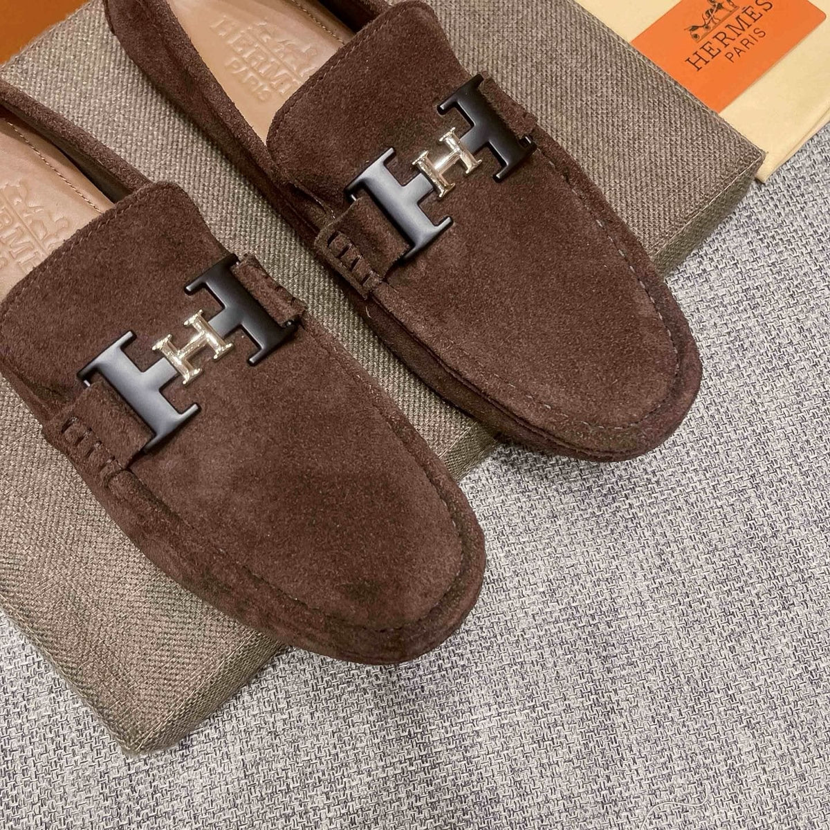 Hermès Brown Suede-Look H Hardware Loafers