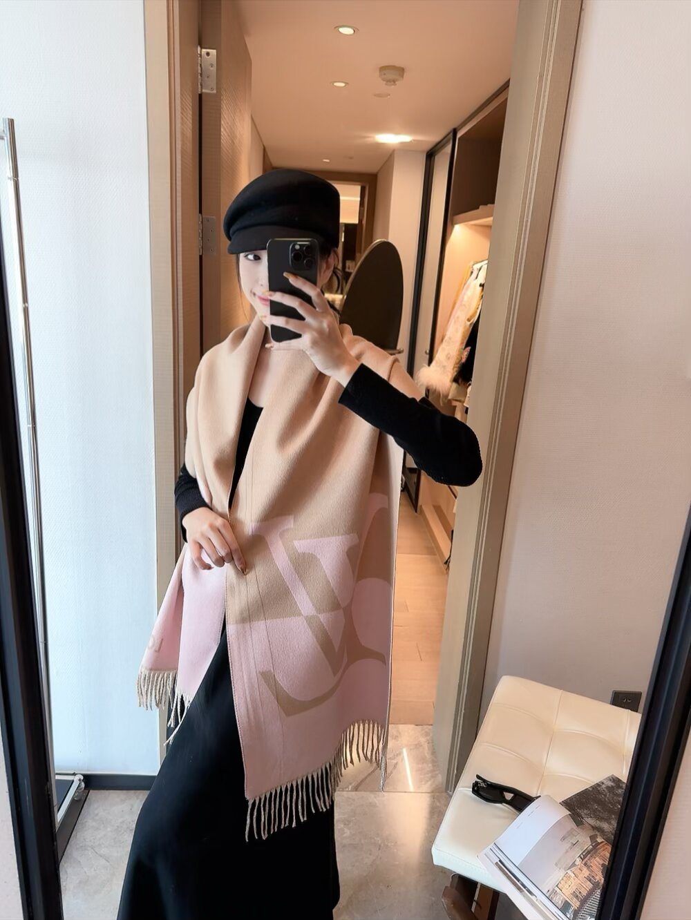 Louis Vuitton Dusty Pink Monogram Fringed Scarf