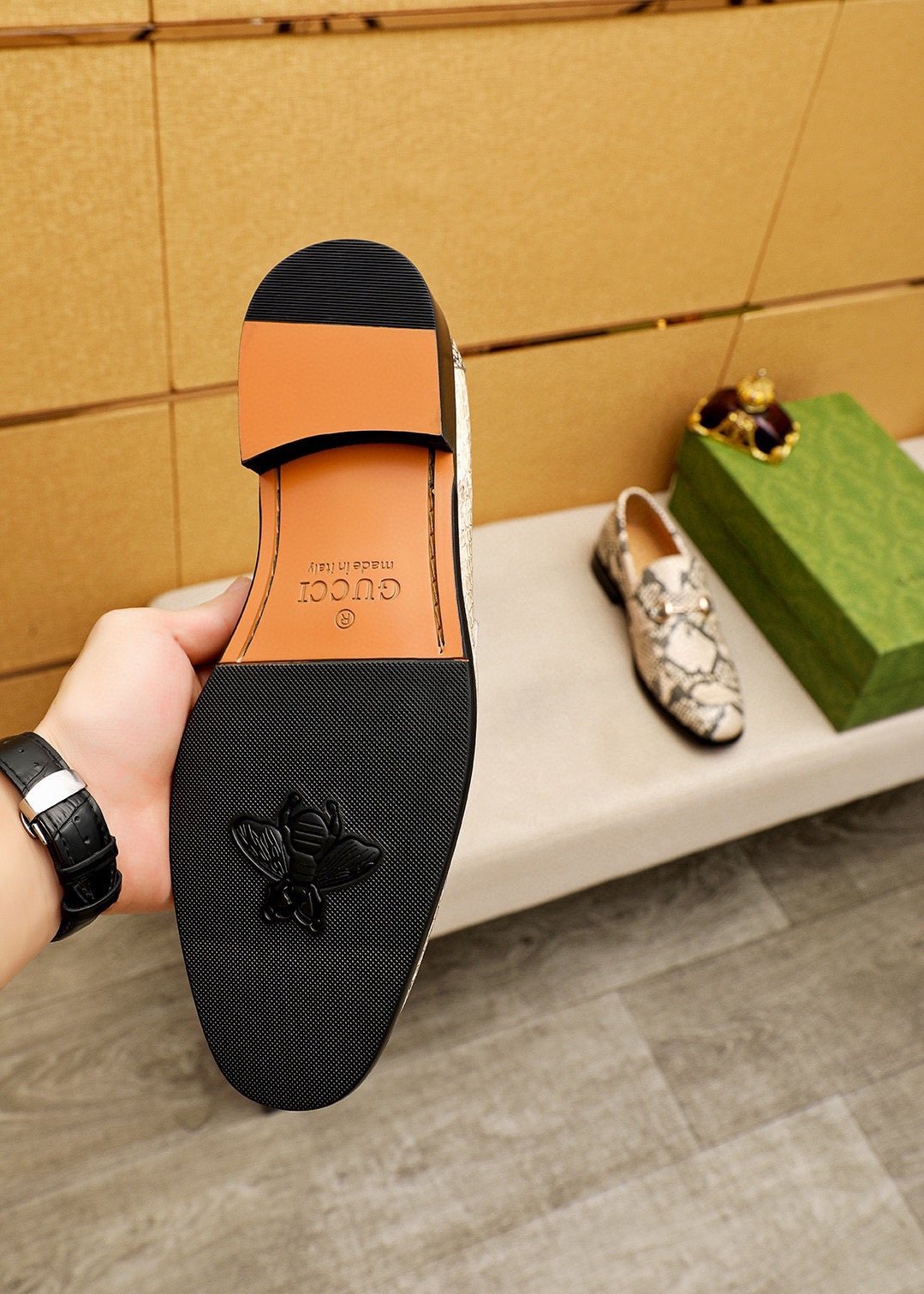 Gucci Snakeskin-Pattern Loafers - Beige and Gray Snakeskin