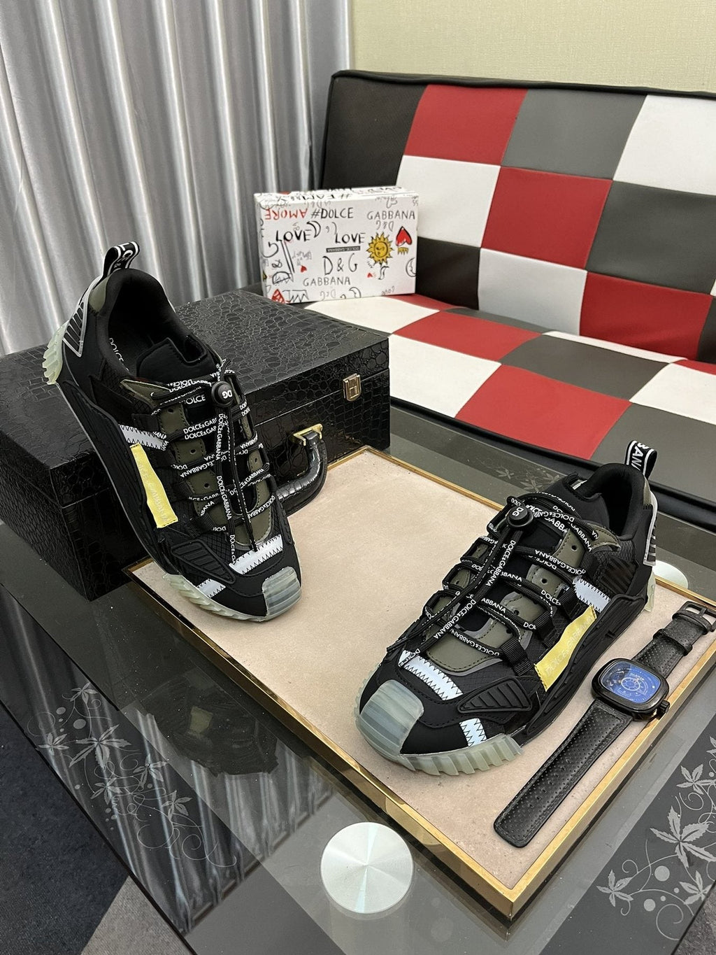Dolce & Gabbana Black and Gray Sneakers with Yellow Accent
