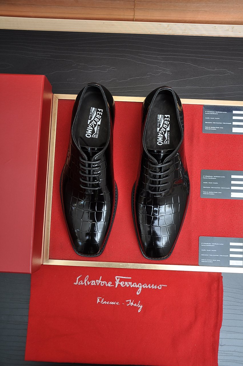 Ferragamo Black Embossed Lace-Up Dress Shoes