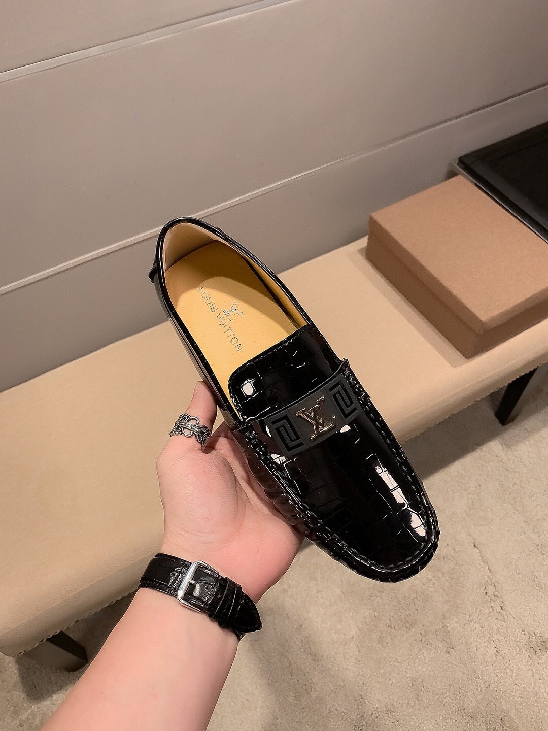 Louis Vuitton Men's Black Embossed Loafers - Low-Profile Sole