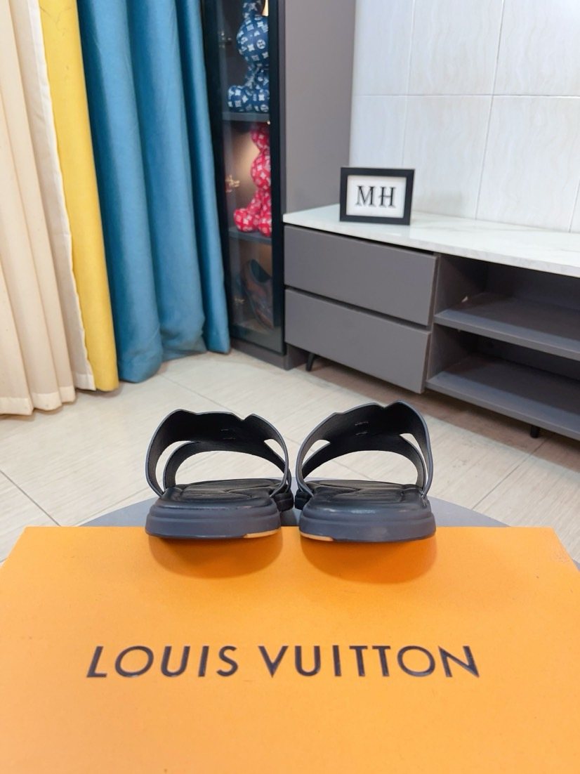 Louis Vuitton Men's Black Cross-Strap Slide Sandals