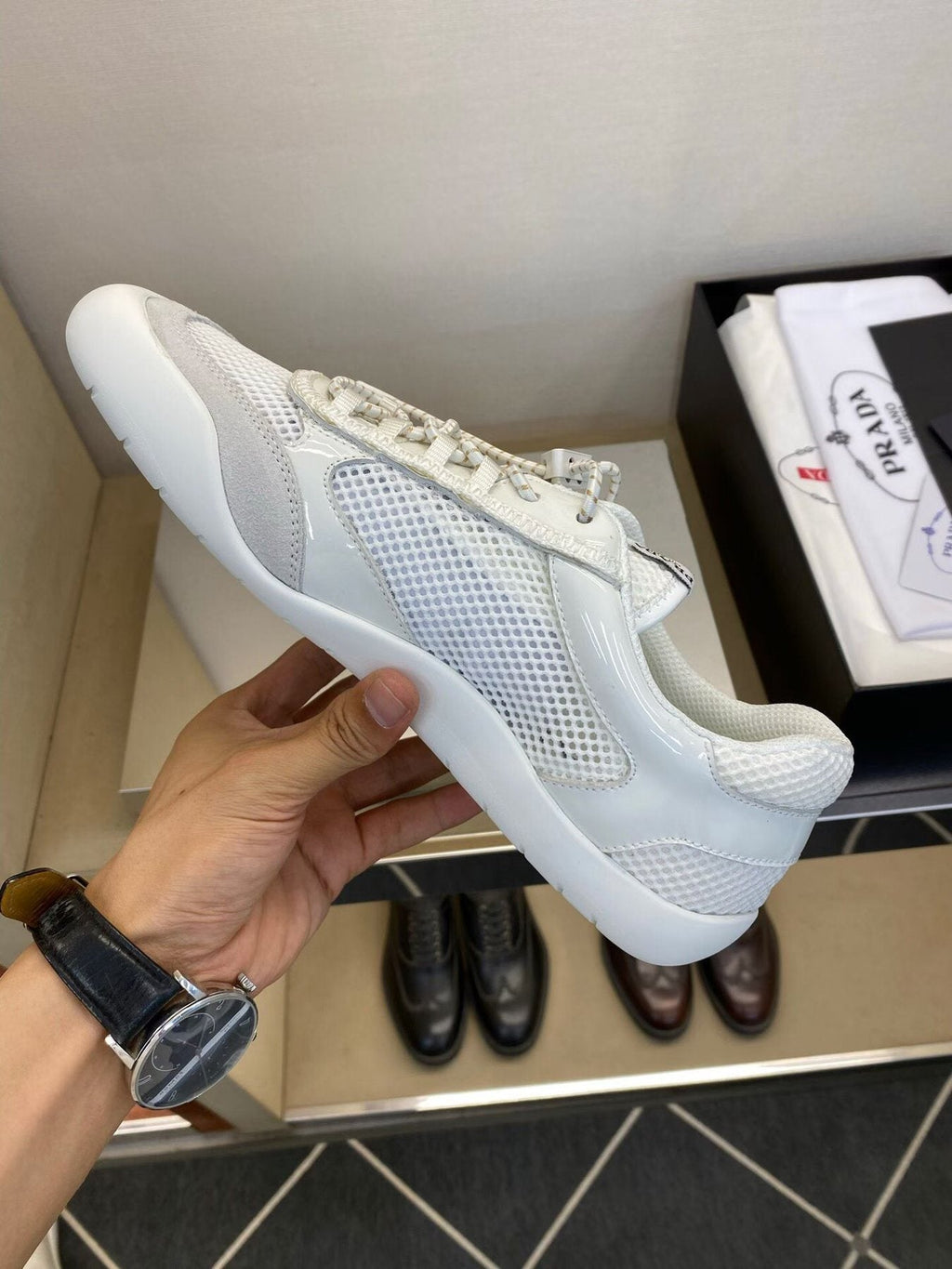 Prada Men's White and Light Gray Mesh Sneakers