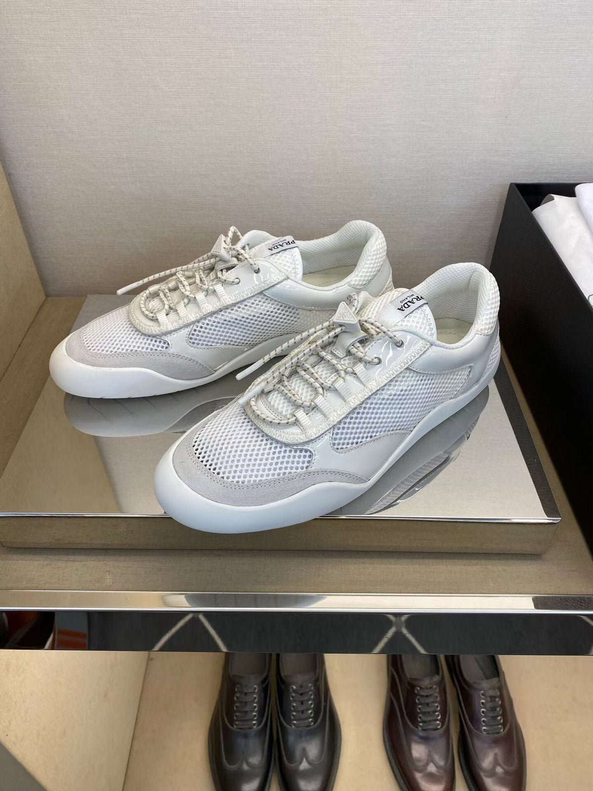Prada Men's White and Light Gray Mesh Sneakers