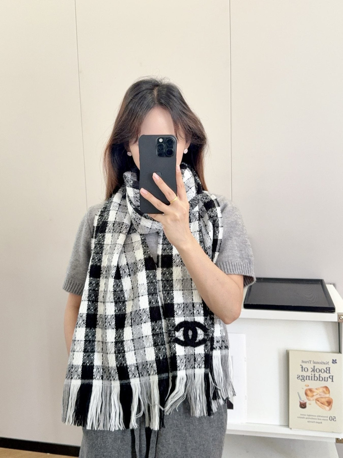 Chanel Black and White Plaid Fringed Scarf