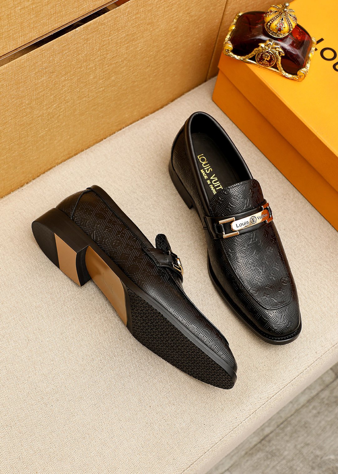 Louis Vuitton Men's Black Textured Buckle Loafers - Stacked Heel