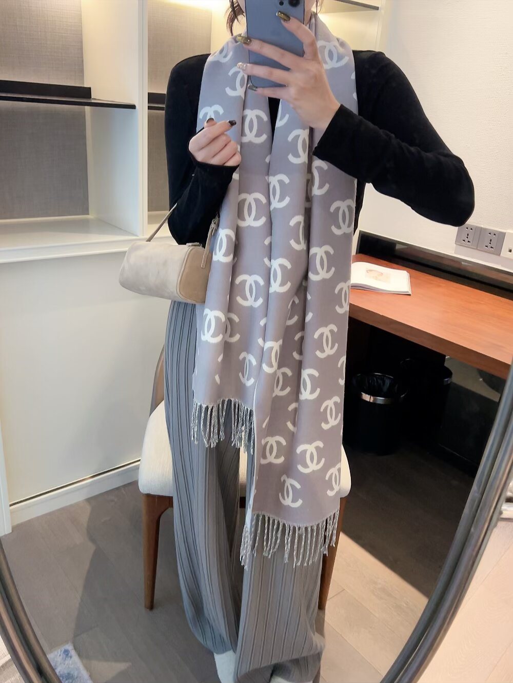 Chanel Interlocking Motif Fringed Scarf