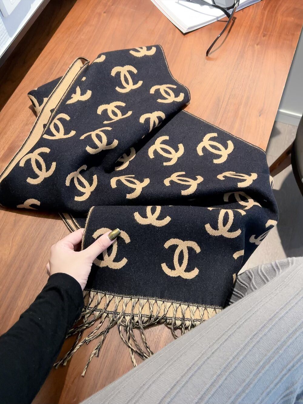 Chanel Interlocking Motif Fringed Scarf