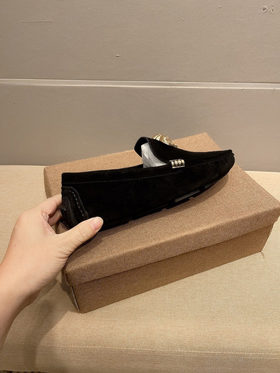 Versace Men's Black Gold-Tone Hardware Loafers - Black Suede-Finish Leather Upper