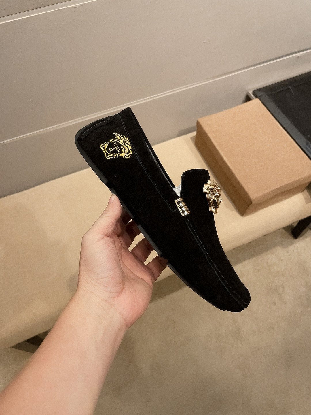 Versace Men's Black Gold-Tone Hardware Loafers - Black Suede-Finish Leather Upper