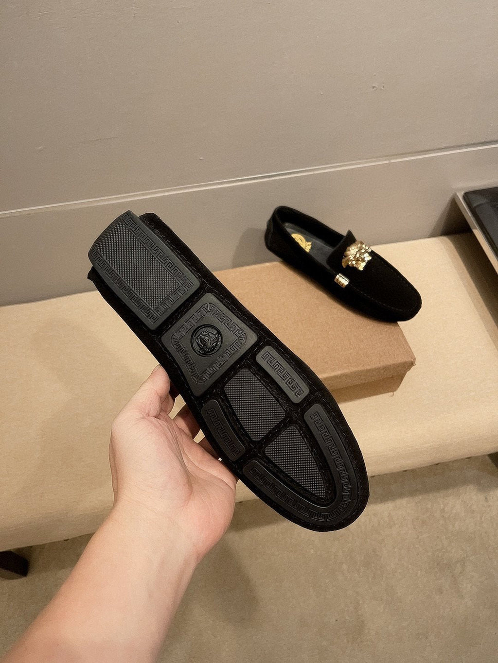 Versace Men's Black Gold-Tone Hardware Loafers - Black Suede-Finish Leather Upper