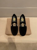 Versace Men's Black Gold-Tone Hardware Loafers - Black Suede-Finish Leather Upper