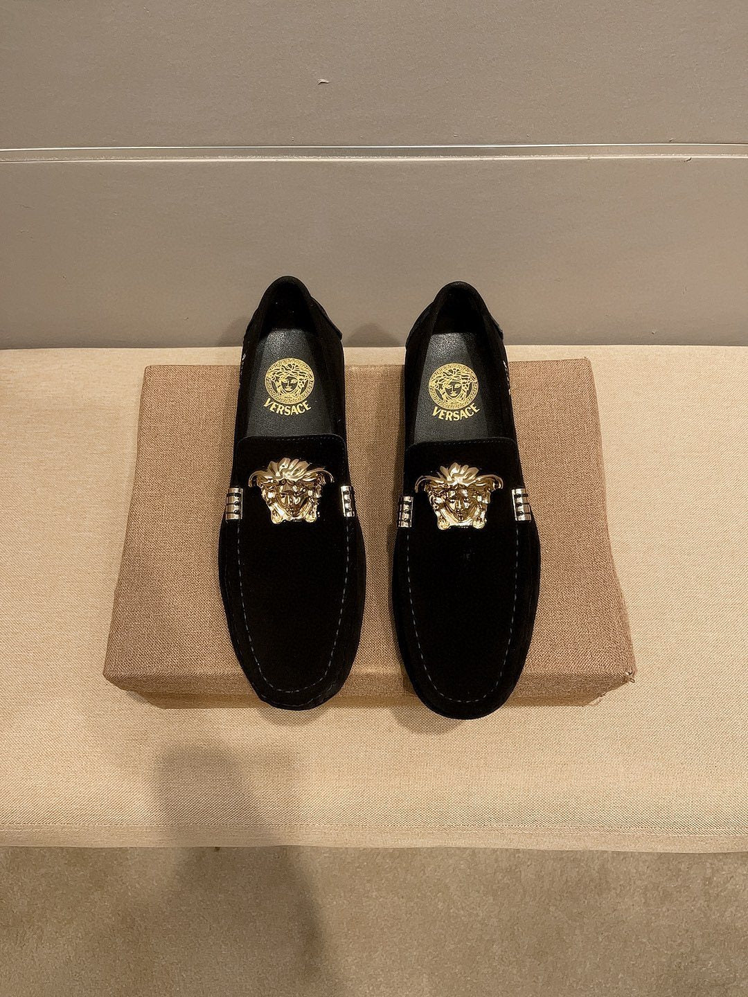 Versace Men's Black Gold-Tone Hardware Loafers - Black Suede-Finish Leather Upper