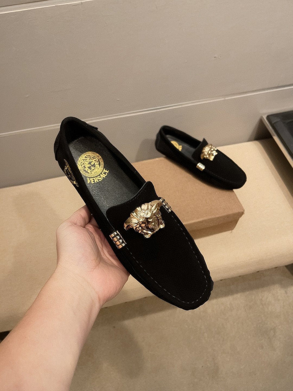 Versace Men's Black Gold-Tone Hardware Loafers - Black Suede-Finish Leather Upper