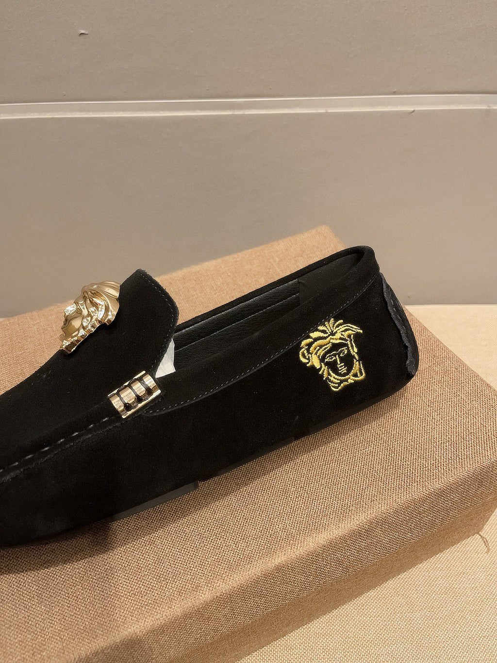 Versace Men's Black Gold-Tone Hardware Loafers - Black Suede-Finish Leather Upper