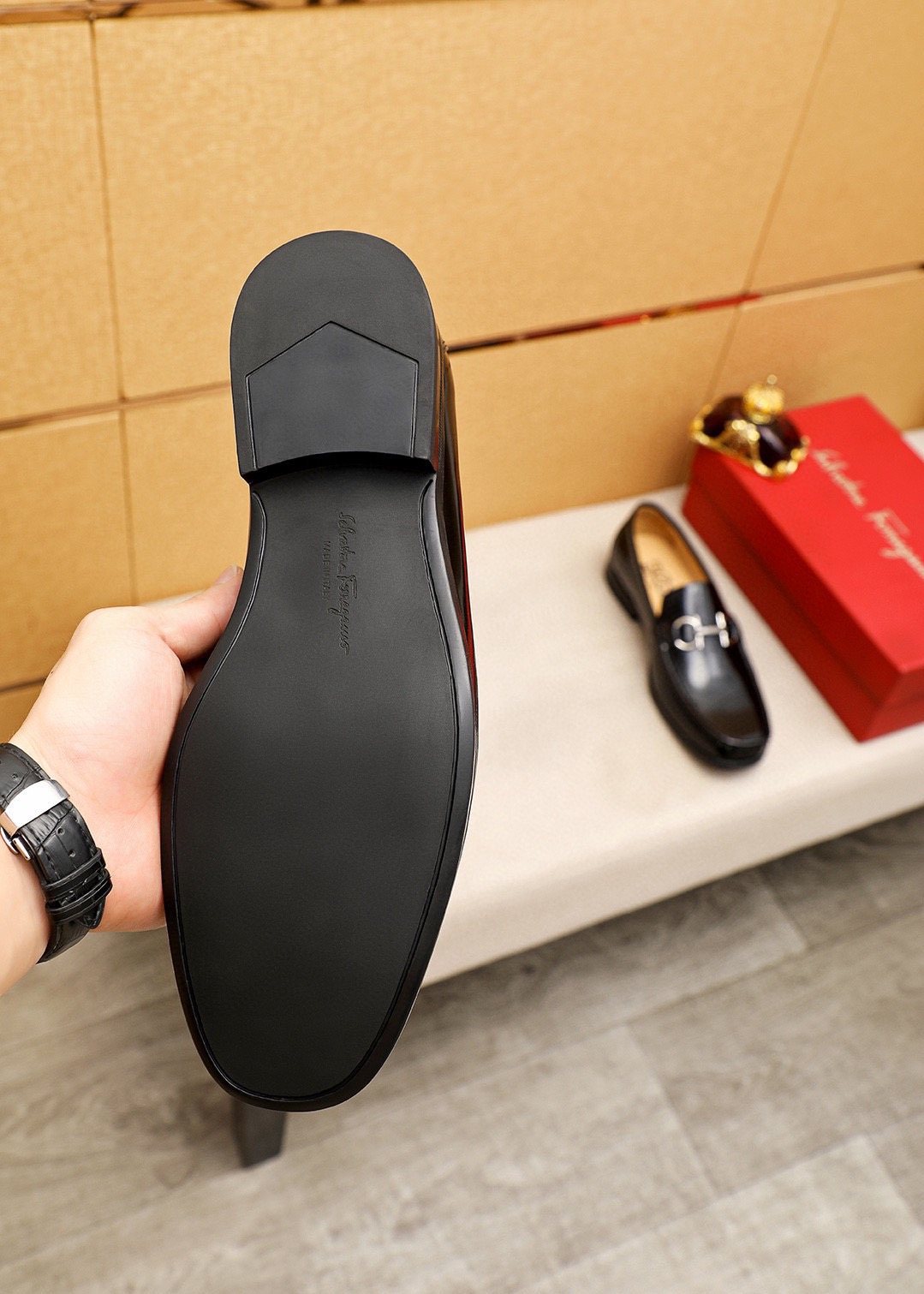 Ferragamo Men's Black Buckle Loafers - Black Polished Leather Upper