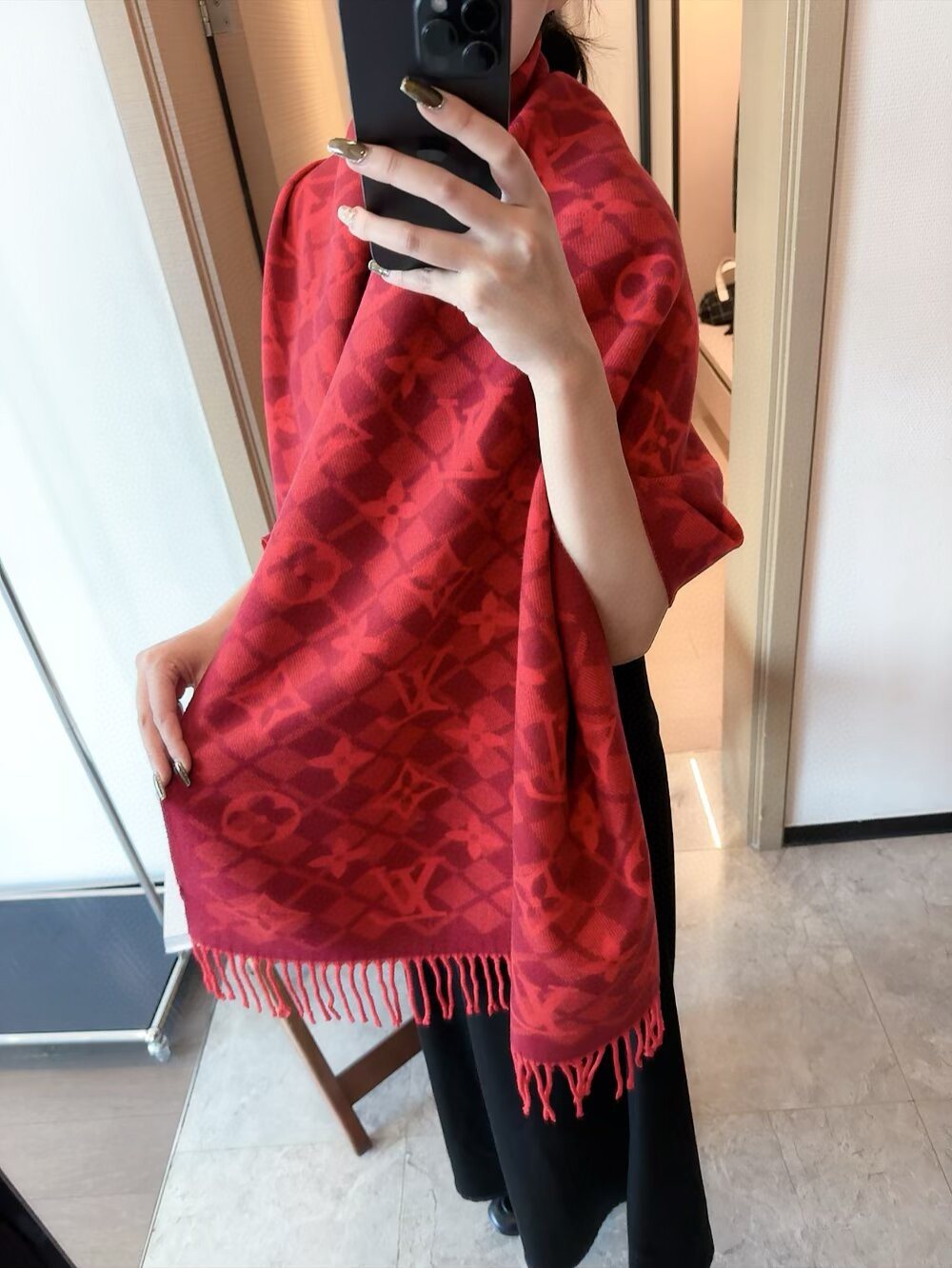 Louis Vuitton Dark Brown Fringed Patterned Scarf