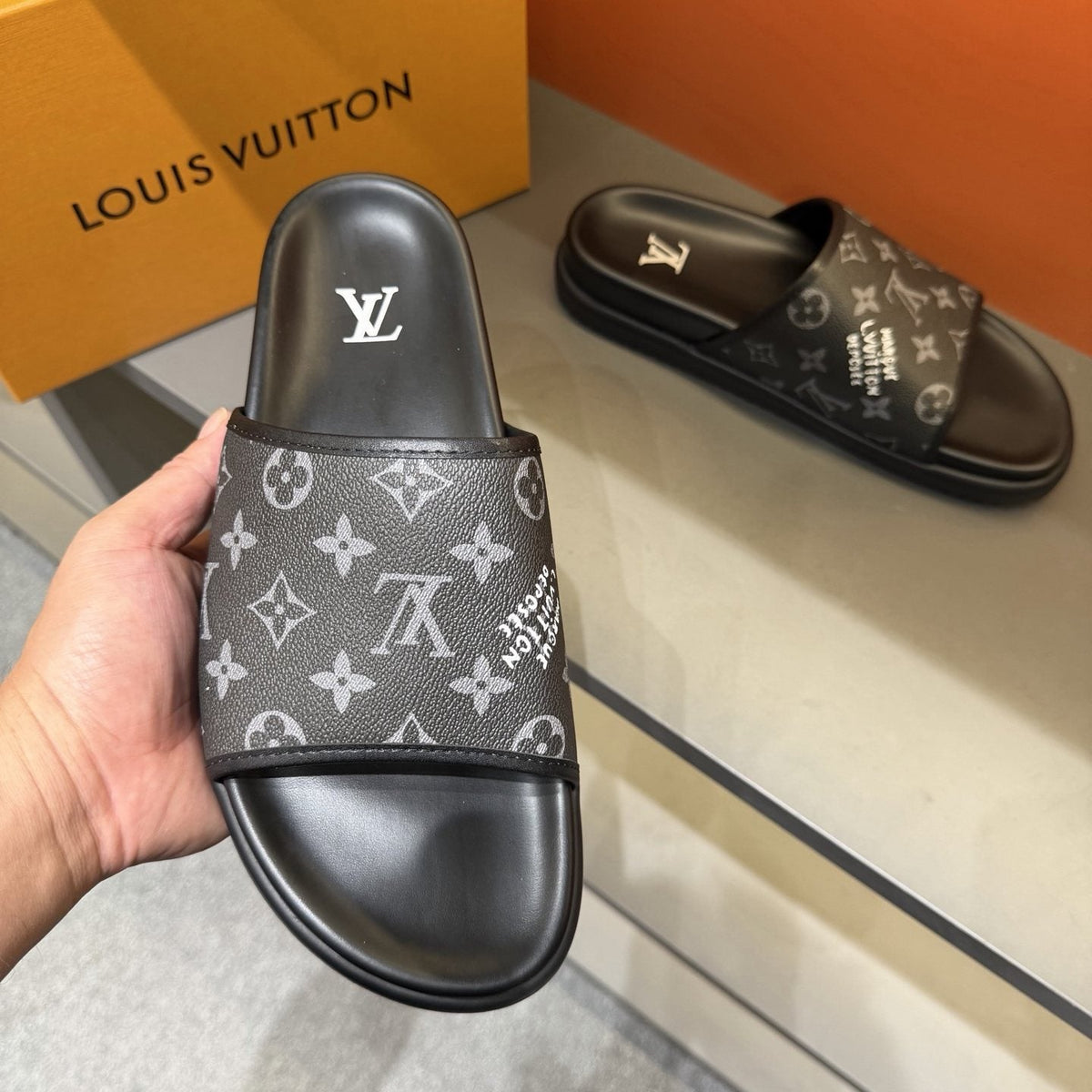 Louis Vuitton Monogram Slide Sandals - Black Footbed And Sole