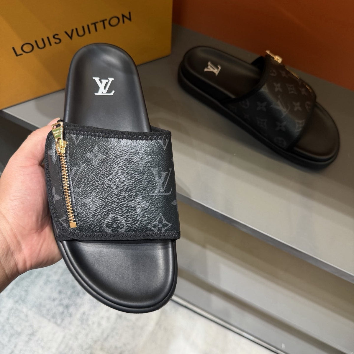 Louis Vuitton Black Monogram Strap Slide Sandals