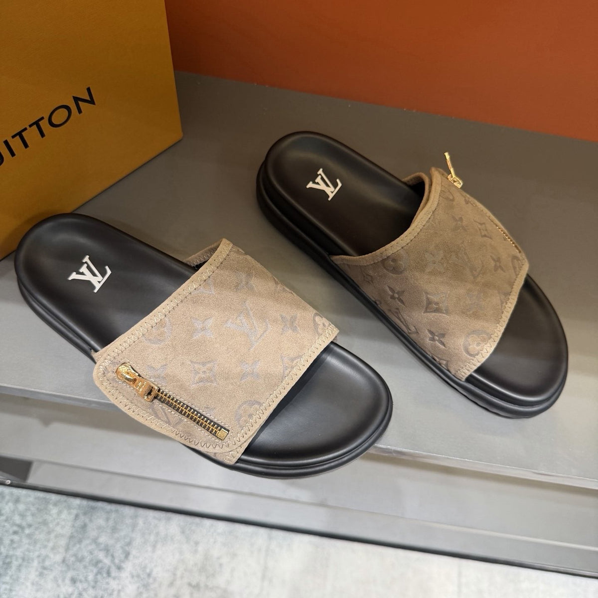 Louis Vuitton Beige and Black Slide Sandals