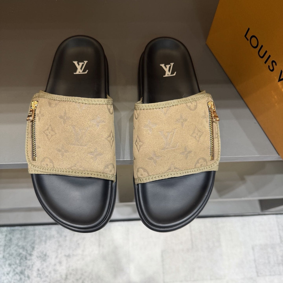 Louis Vuitton Beige and Black Slide Sandals